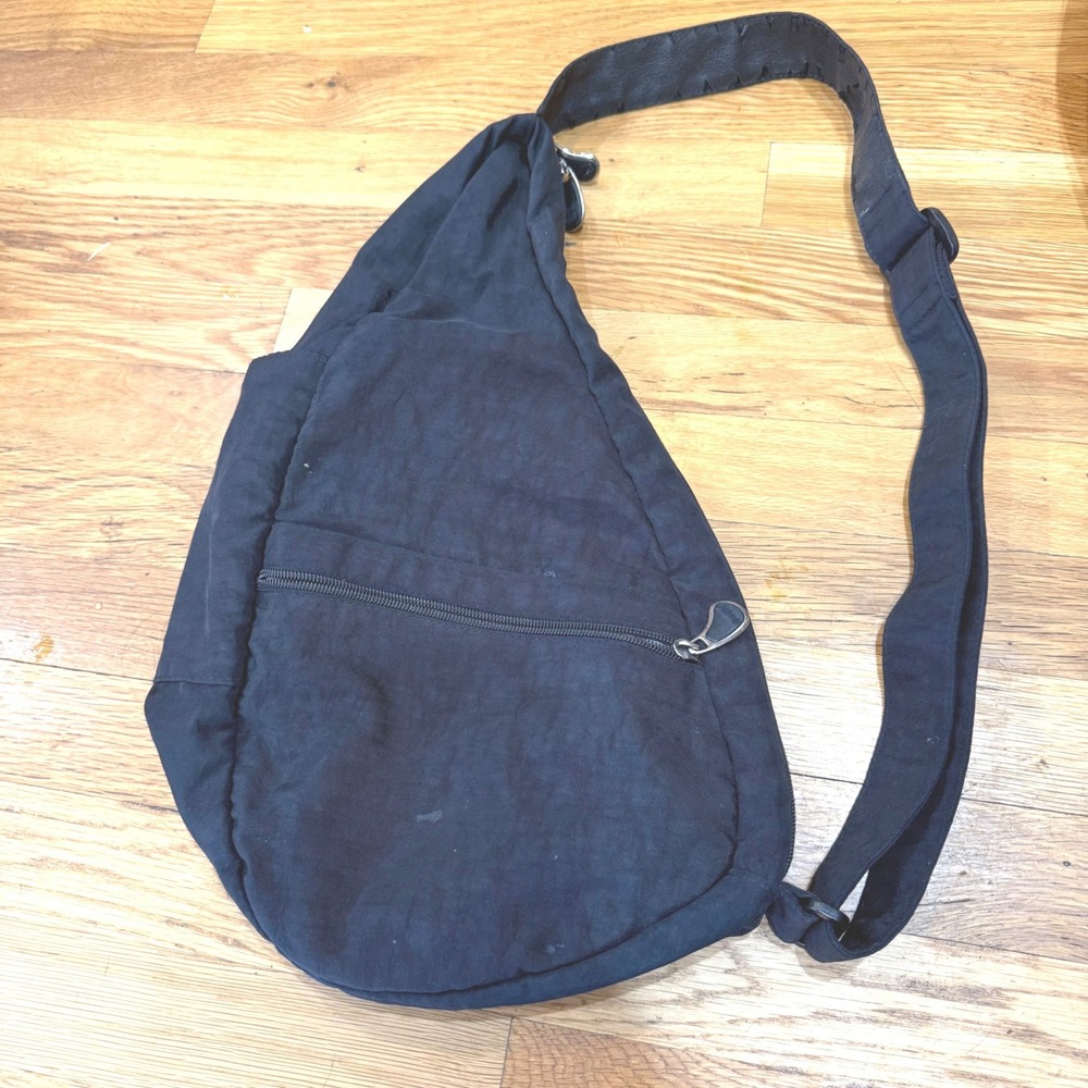 AmeriBag Healthy Back Bag Black Nylon Ergonomic Sling Crossbody Teardrop Purse